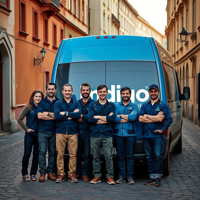 Šestičlenný český řemeslný tým před indigo dodávkou na dlážděné ulici v Hradci Králové