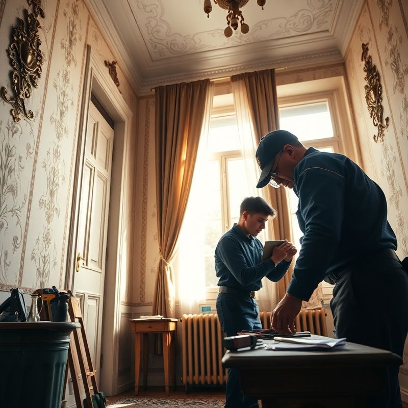 Interiér českého bytu při pečlivé údržbě, řemeslník v indigo pracovním oděvu, přirozené světlo